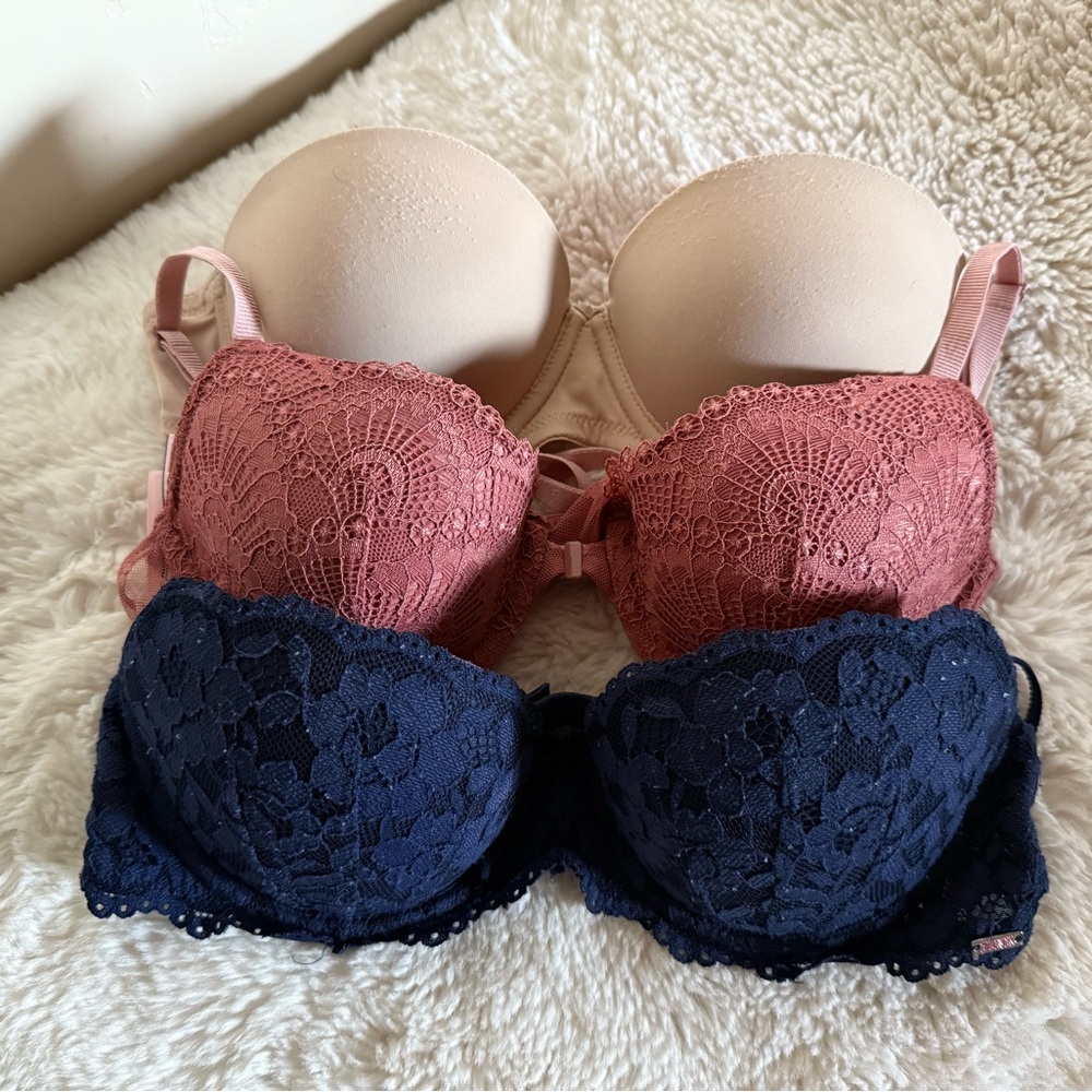 Victoria's Secret Lace Push-Up Bra Trio - Blush, Rose, and Navy